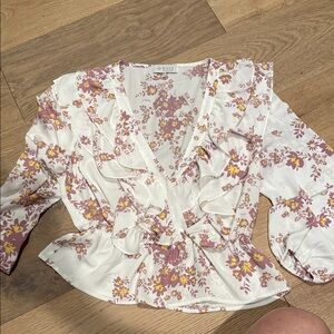 Wayf Floral Ruffle Blouse - White and Purple